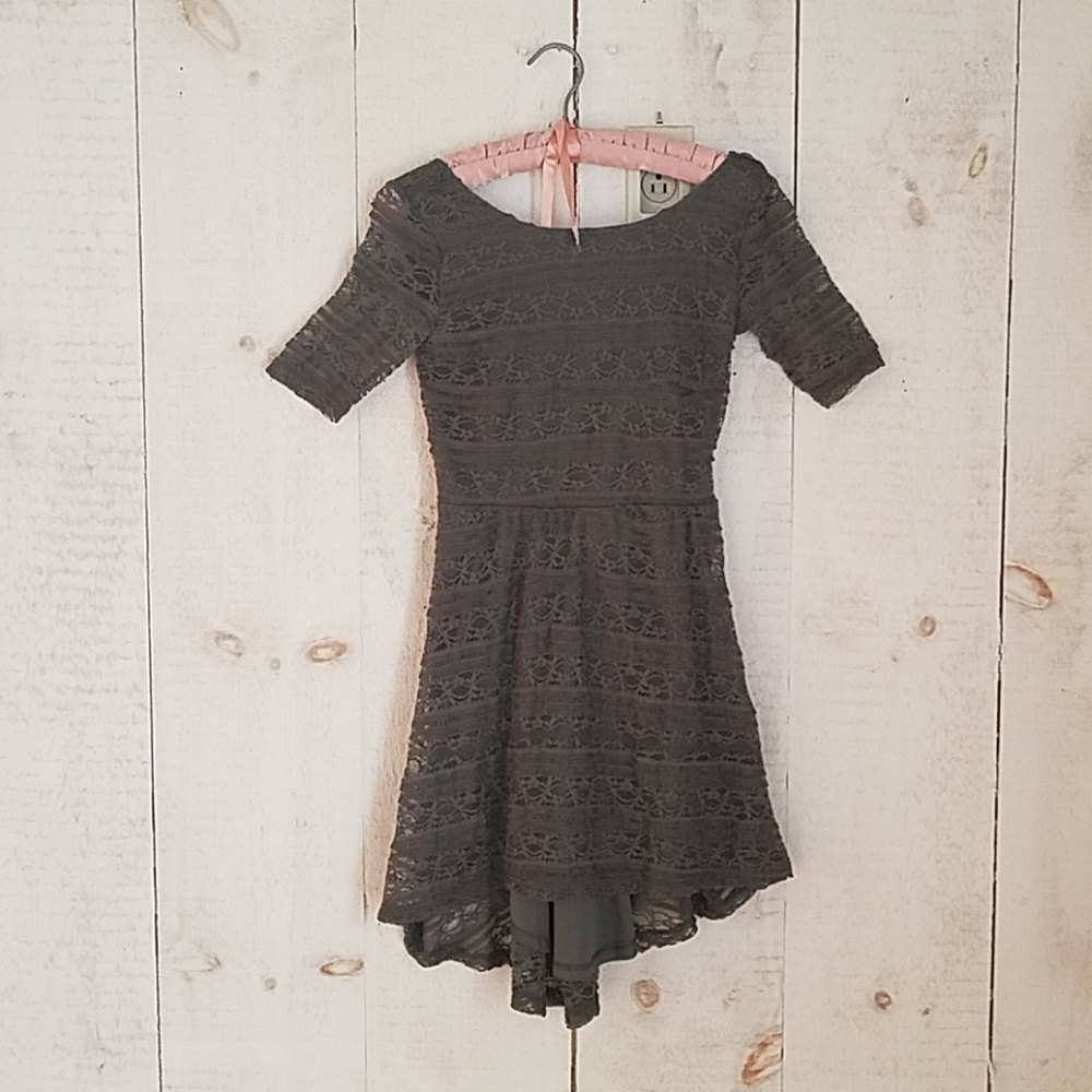 Army Green Boat Neck Mini Dress with Lace Sleeves